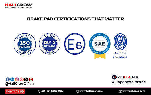 Brake pad compliance chart showcasing key safety certifications like ECE R90, SAE, AMECA, and ISO 9001, along with eco-friendly manufacturing standards such as copper-free and low-dust compliance.