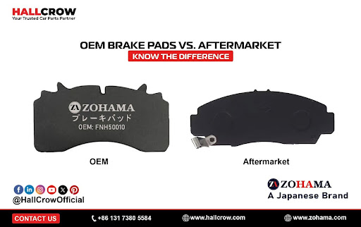 Close-up view of OEM brake pads designed to match original vehicle specifications, ensuring precise fit, safety, and reliability compared to aftermarket options.
