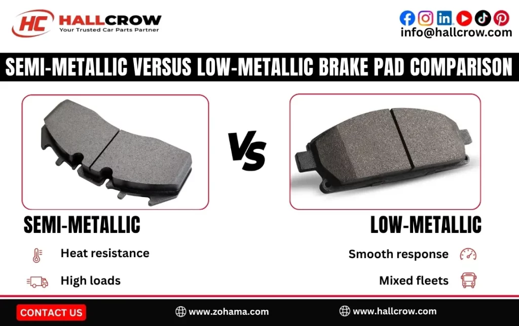 Semi-metallic versus low-metallic brake pad comparison.