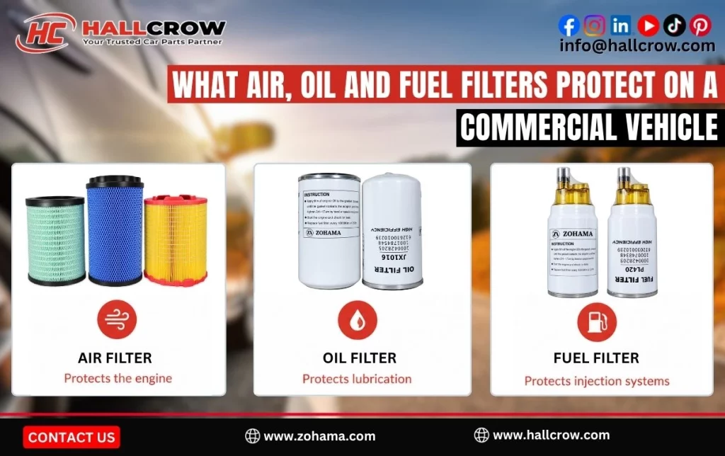 What air, oil and fuel filters protect on a commercial vehicle.